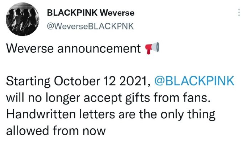 BLACKPINK方发文宣布不再接受粉丝们除了手写信以外的礼物