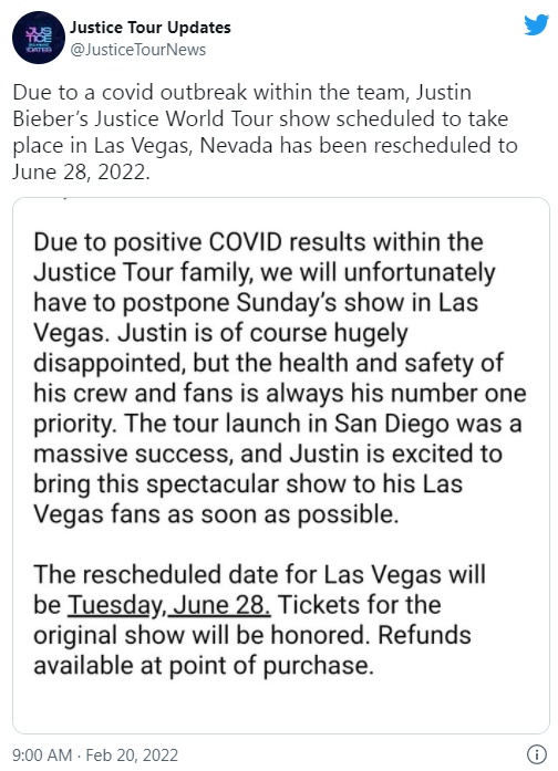 贾斯汀·比伯确诊感染新冠 巡演将推迟至6月28日