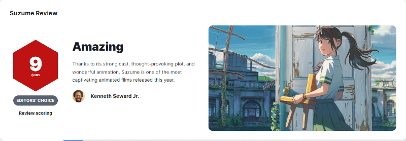 《铃芽之旅》内地票房破5亿元  IGN打出了9分的评价